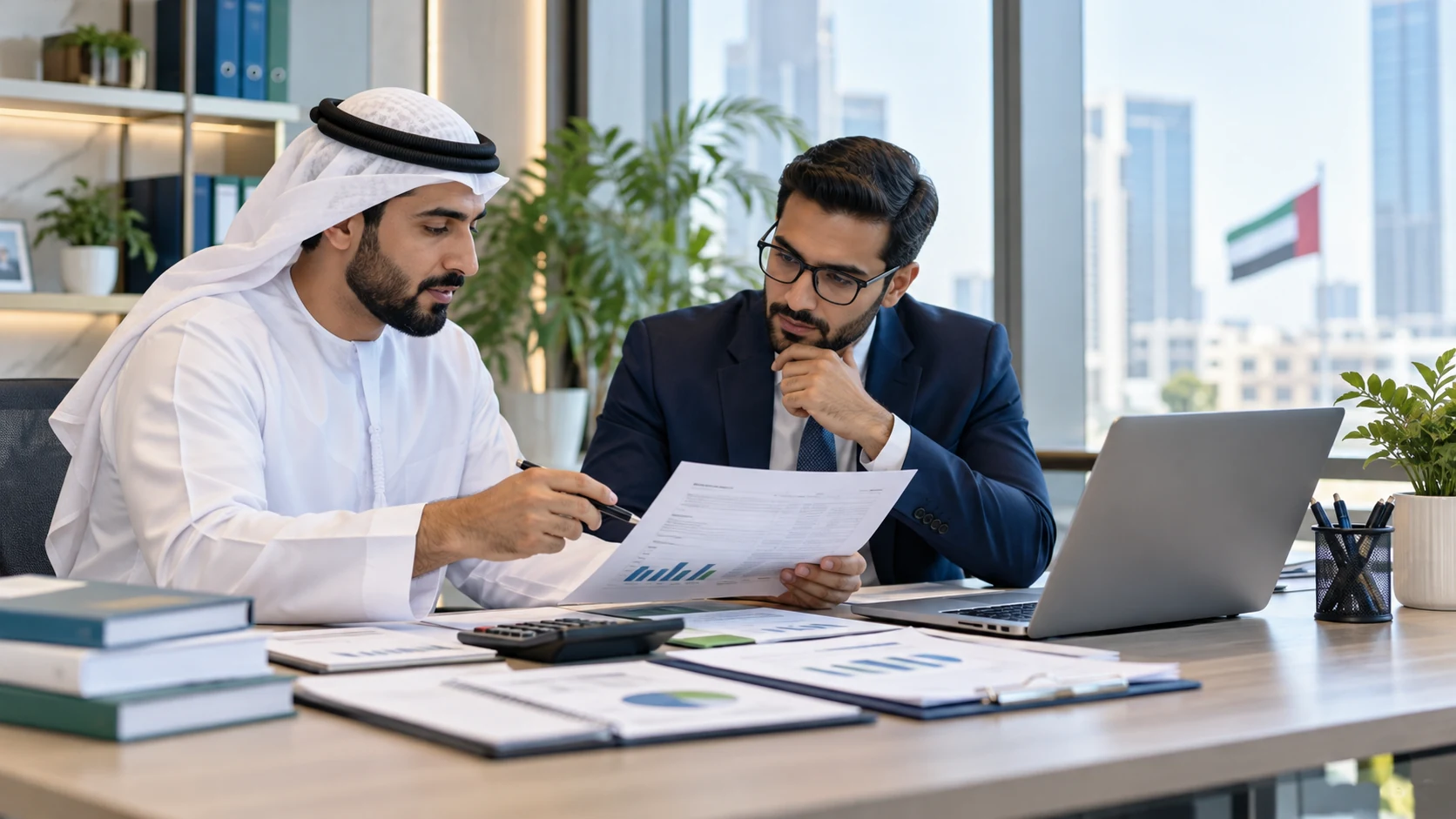 Two finance professionals in a Dubai office reviewing reports related to UAE Corporate Tax compliance